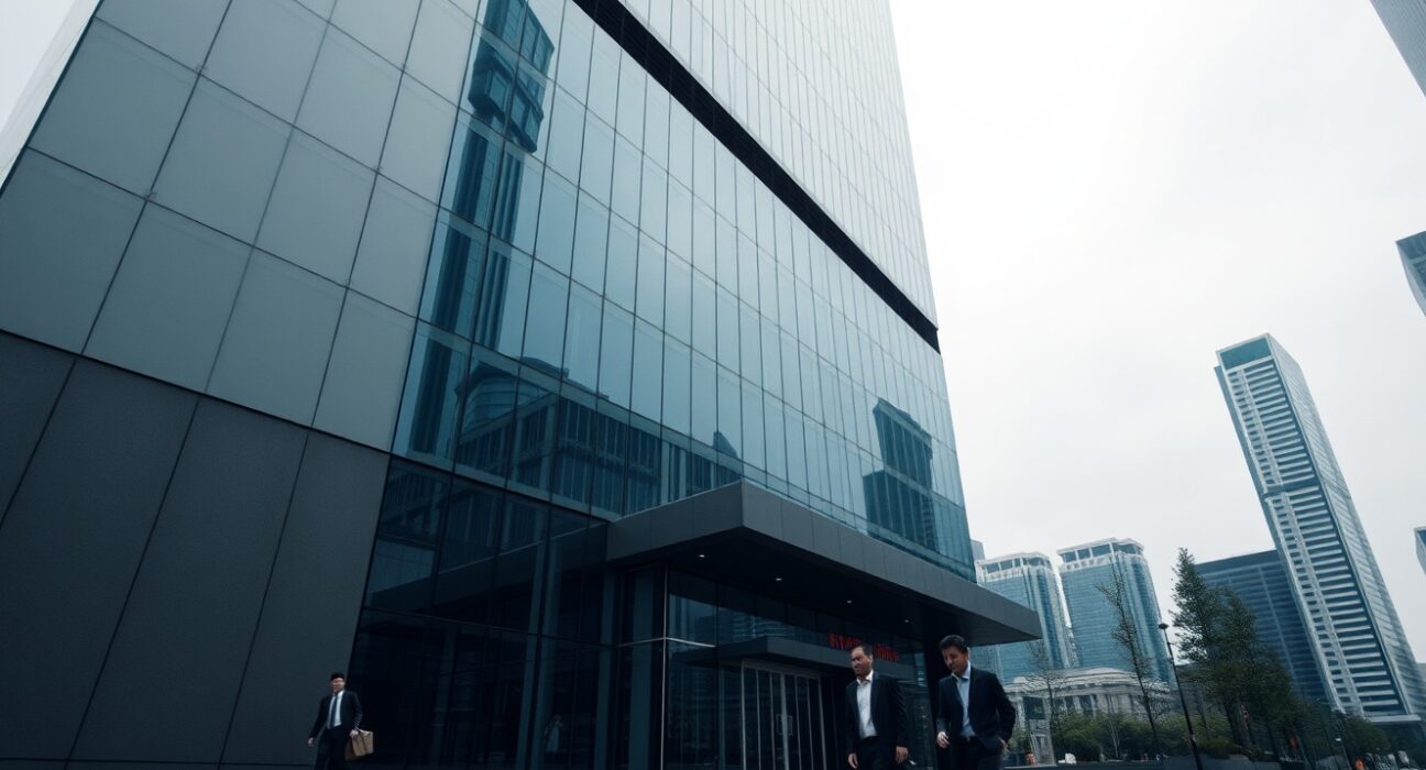 Exterior of a modern financial building in Hong Kong, representing the headquarters of a brokerage under investigation.