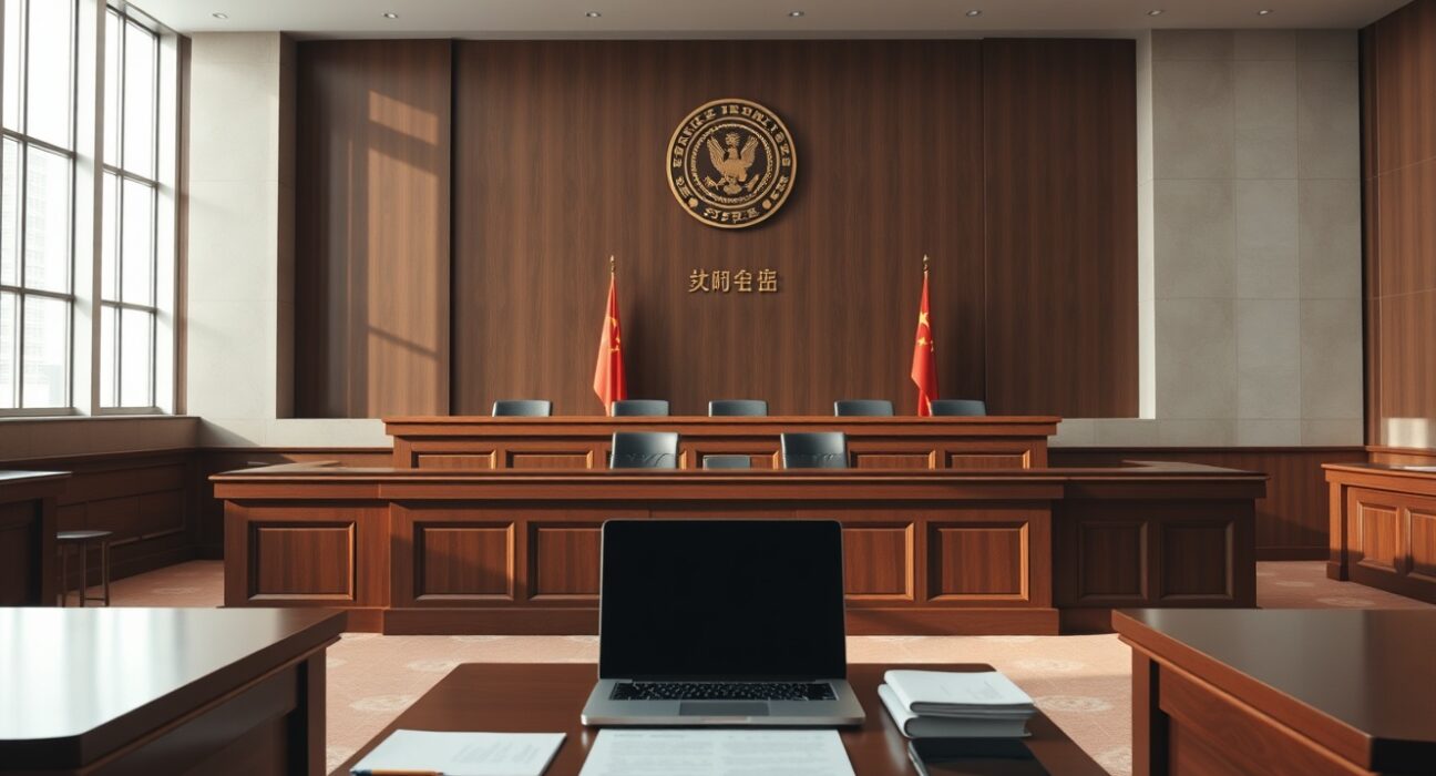 Chinese courtroom interior with judges' bench and national emblem, representing legal action on crypto money laundering.