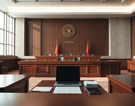 Chinese courtroom interior with judges' bench and national emblem, representing legal action on crypto money laundering.