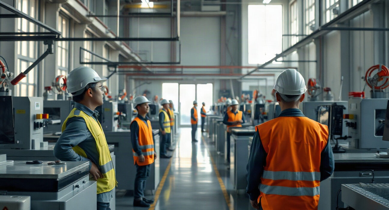 Workers on a modern Chinese factory floor monitoring automated machinery during a shift