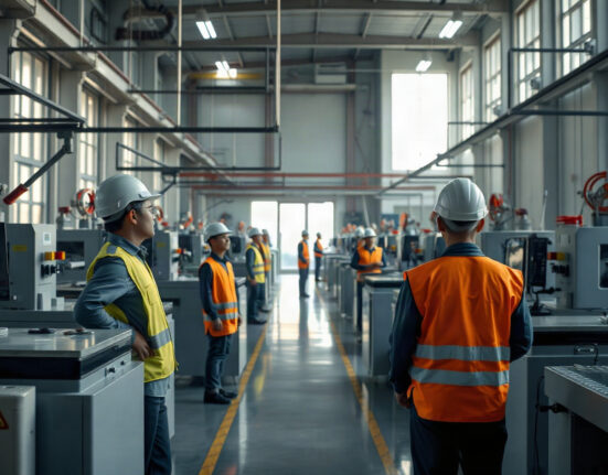 Workers on a modern Chinese factory floor monitoring automated machinery during a shift