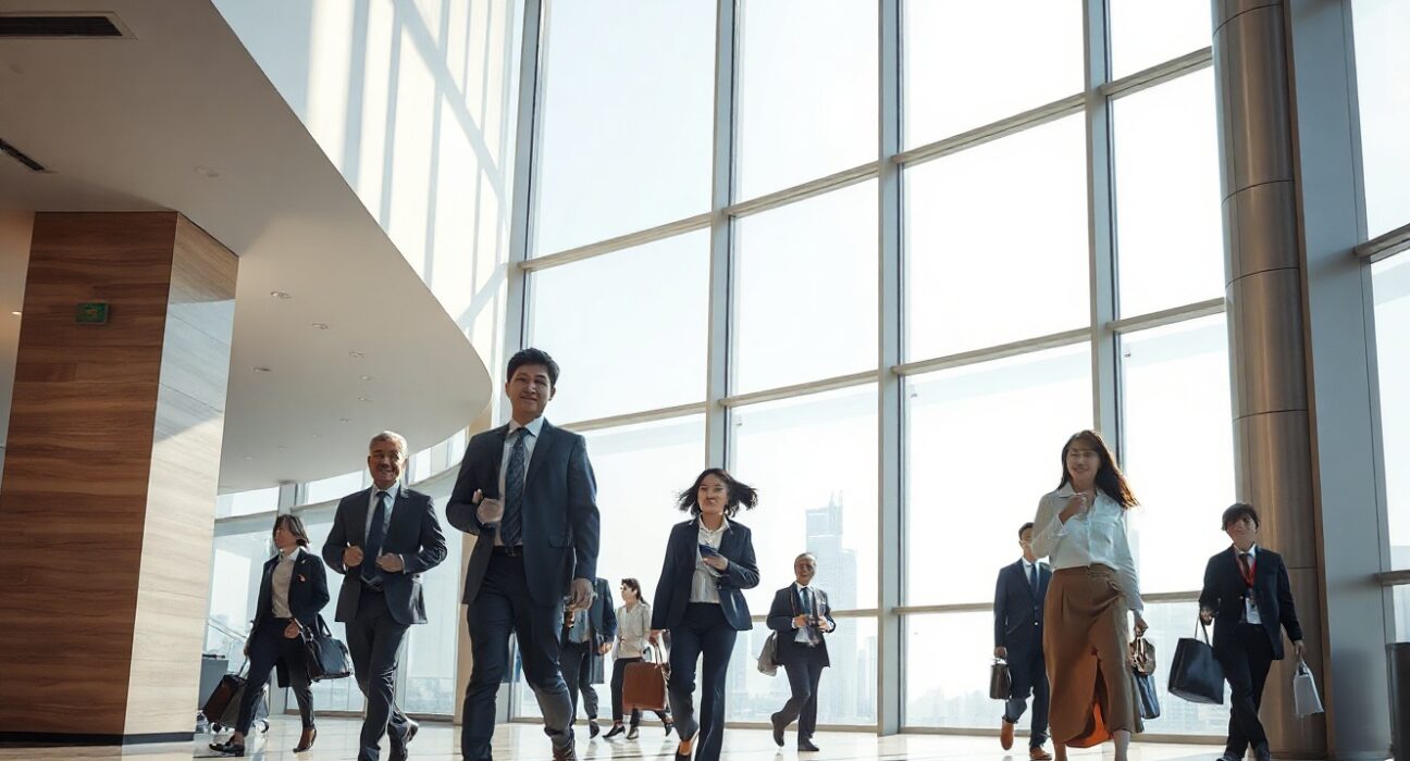 Busy office lobby in Shanghai with professionals walking, representing China's expanding services sector in May.