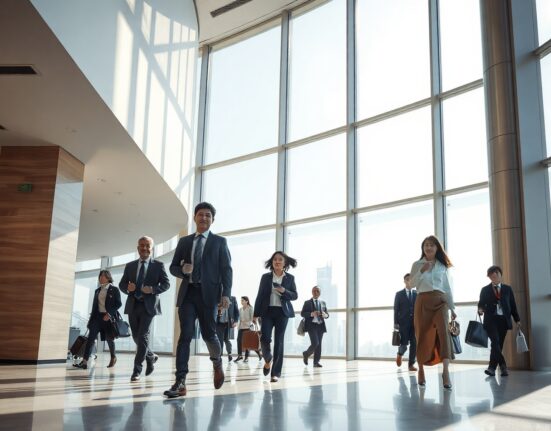 Busy office lobby in Shanghai with professionals walking, representing China's expanding services sector in May.