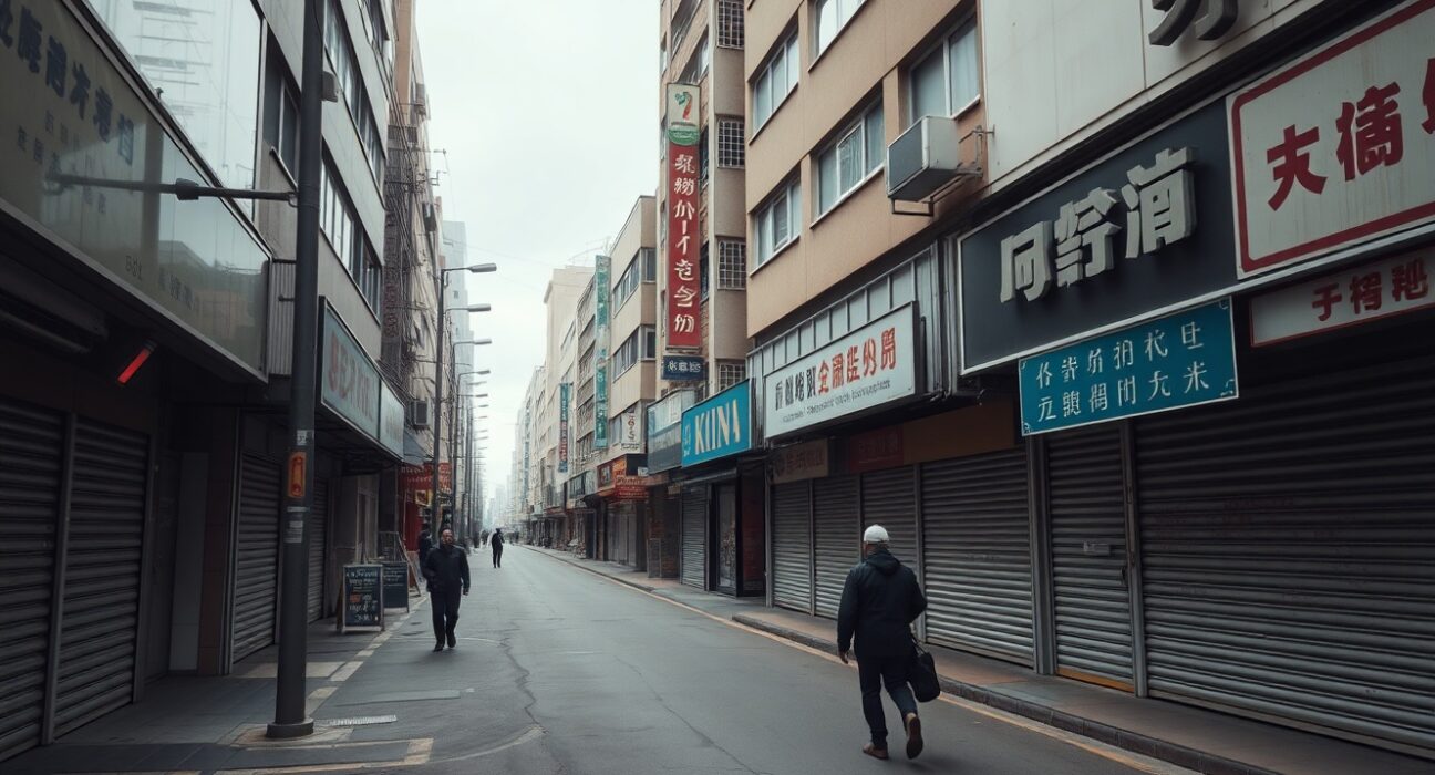 Quiet commercial street in China with closed shops, reflecting weak domestic demand and stalled economic recovery.
