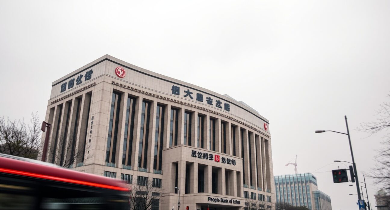 People's Bank of China headquarters in Beijing on a cloudy day
