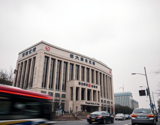 People's Bank of China headquarters in Beijing on a cloudy day