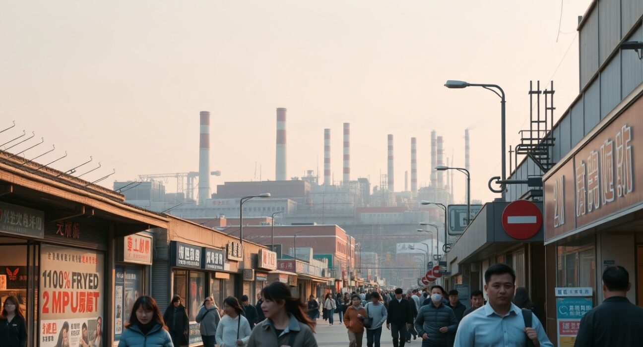 Busy retail street in a Chinese city with industrial skyline in background, representing mixed economic data for April.