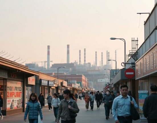 Busy retail street in a Chinese city with industrial skyline in background, representing mixed economic data for April.