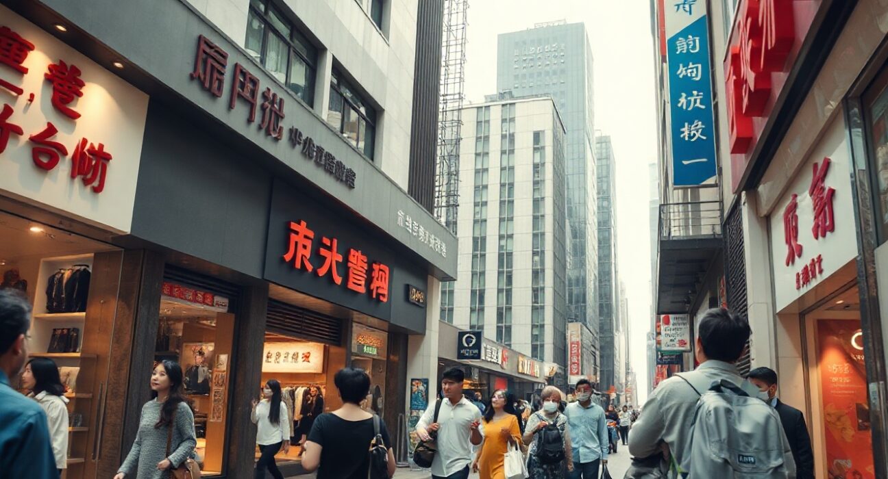 Busy retail street in a Chinese city with shoppers and storefronts, representing consumer spending data.