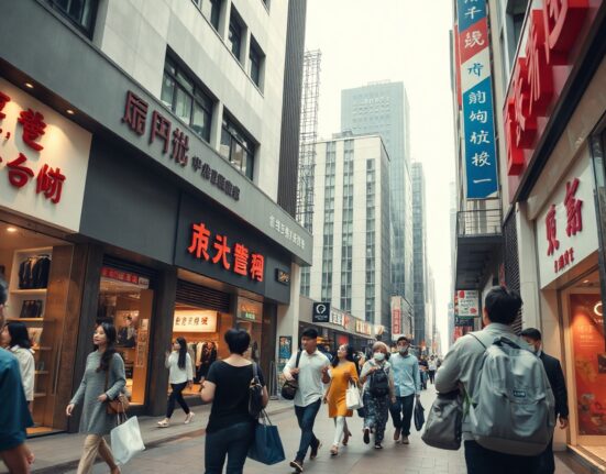 Busy retail street in a Chinese city with shoppers and storefronts, representing consumer spending data.