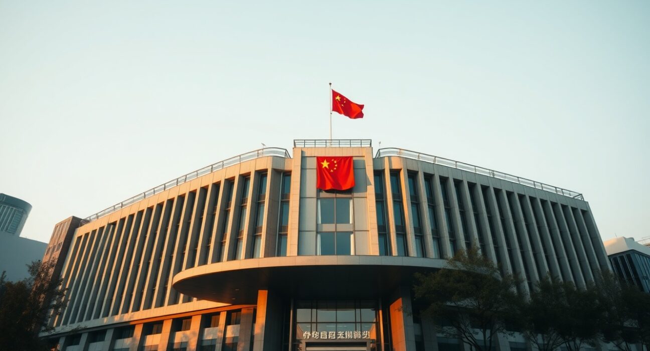 Exterior view of a Chinese government ministry building in Beijing with national flag, representing new procurement measures against US firms.