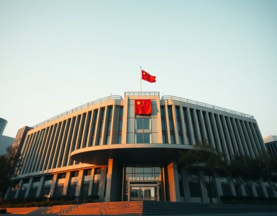 Exterior view of a Chinese government ministry building in Beijing with national flag, representing new procurement measures against US firms.