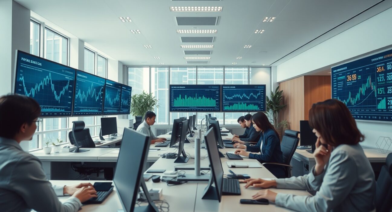 Modern office in China with professionals working and financial data on screens, representing services sector activity.