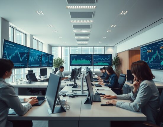 Modern office in China with professionals working and financial data on screens, representing services sector activity.