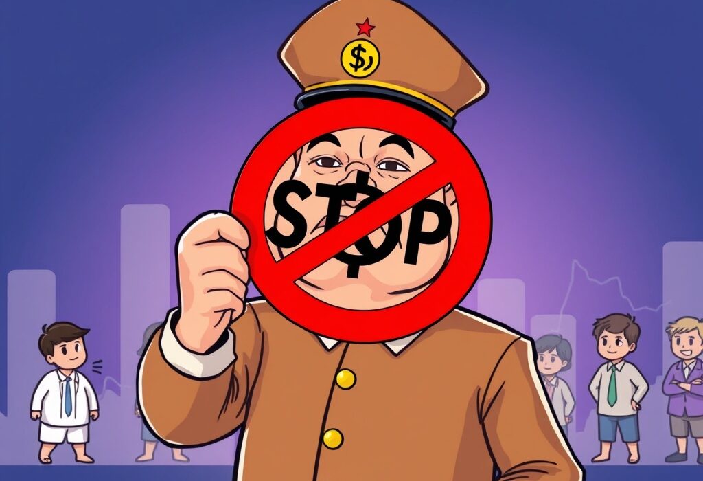 A cartoon illustration showing a Chinese official halting stablecoin promotion, representing the China stablecoin ban.
