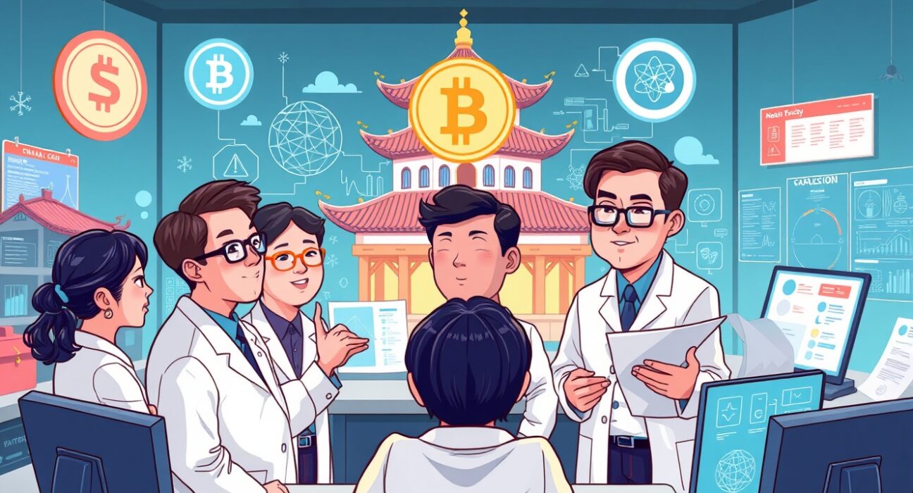 Cartoon illustration of Chinese researchers studying stablecoin policy, symbolizing China's strategic move into digital financial governance.