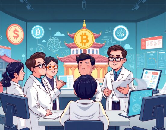 Cartoon illustration of Chinese researchers studying stablecoin policy, symbolizing China's strategic move into digital financial governance.