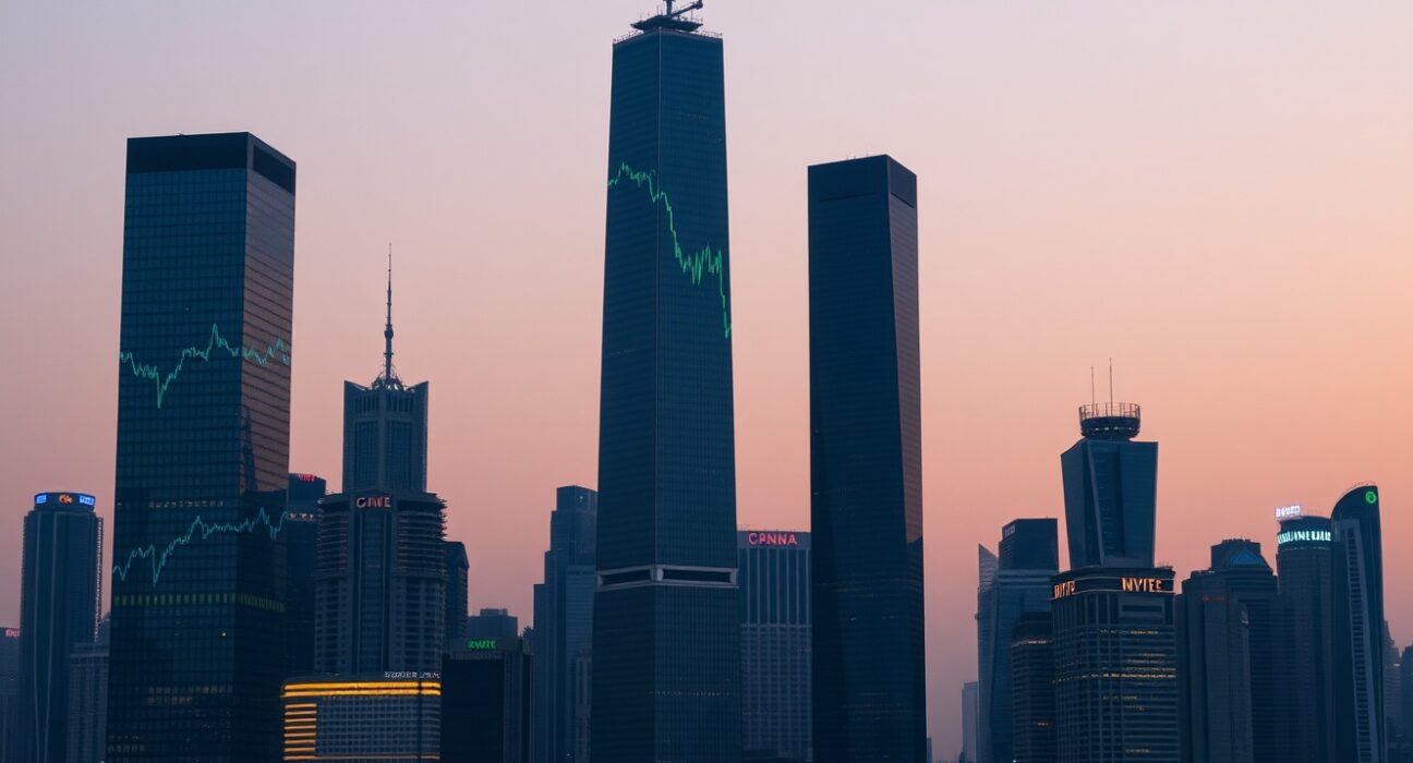 Financial district skyline in China with digital economic data charts at dusk