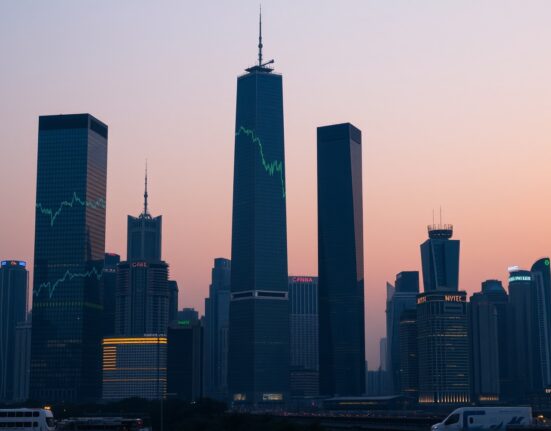 Financial district skyline in China with digital economic data charts at dusk