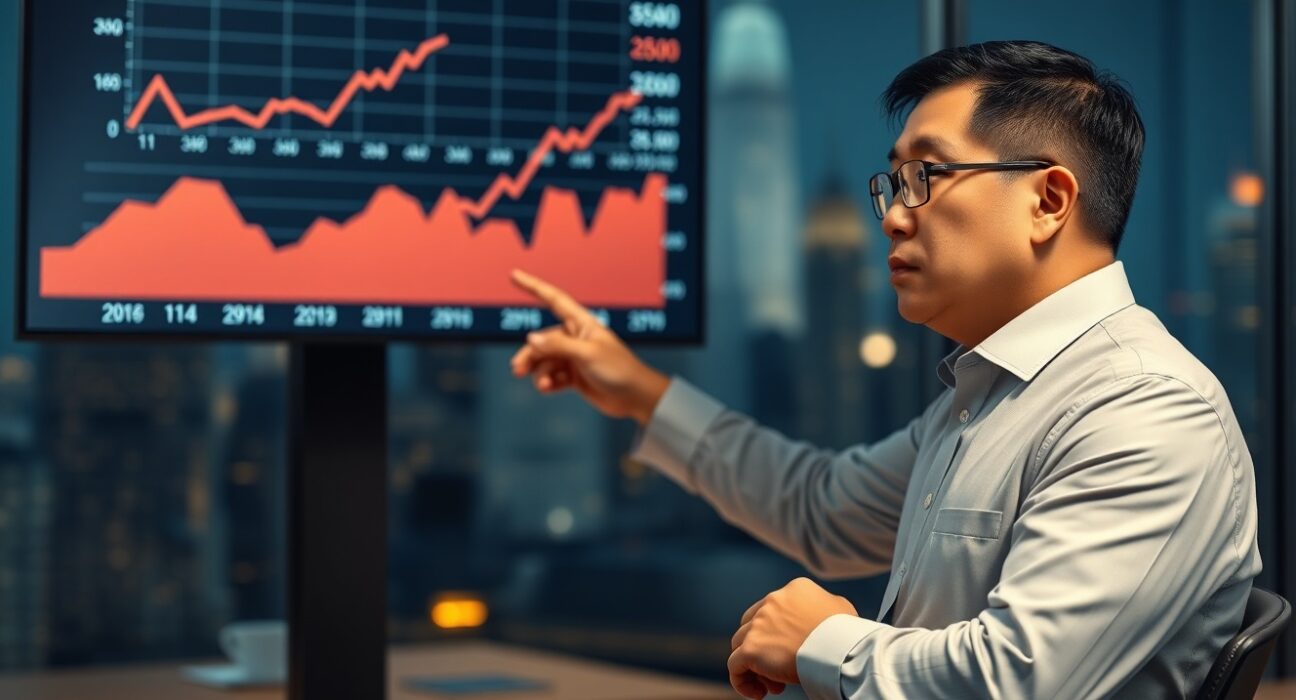 Financial analyst reviewing China economic data charts on digital display