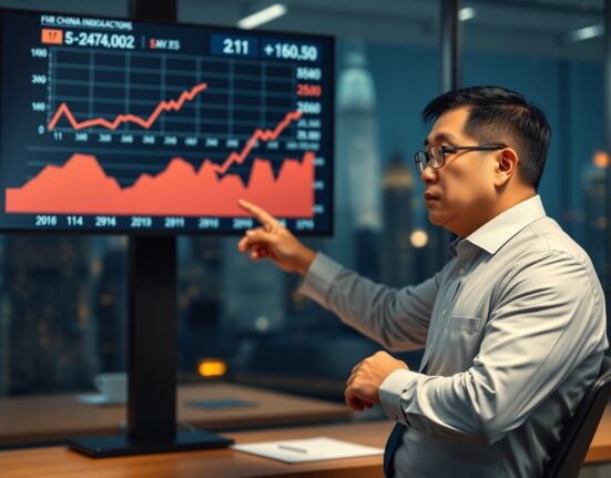 Financial analyst reviewing China economic data charts on digital display