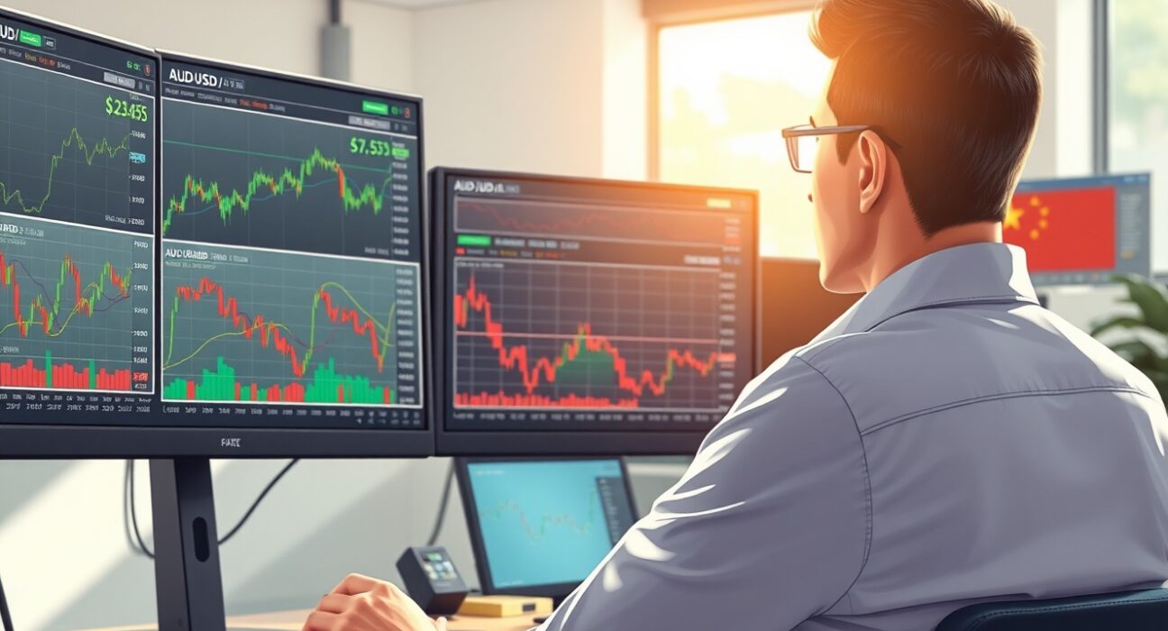 Forex trader analyzing China trade balance data affecting AUD/USD currency pair movements