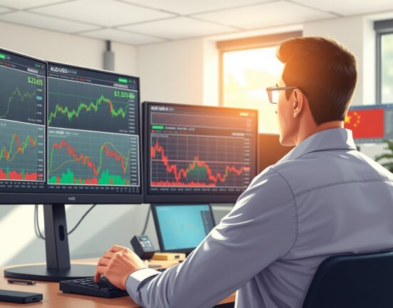 Forex trader analyzing China trade balance data affecting AUD/USD currency pair movements