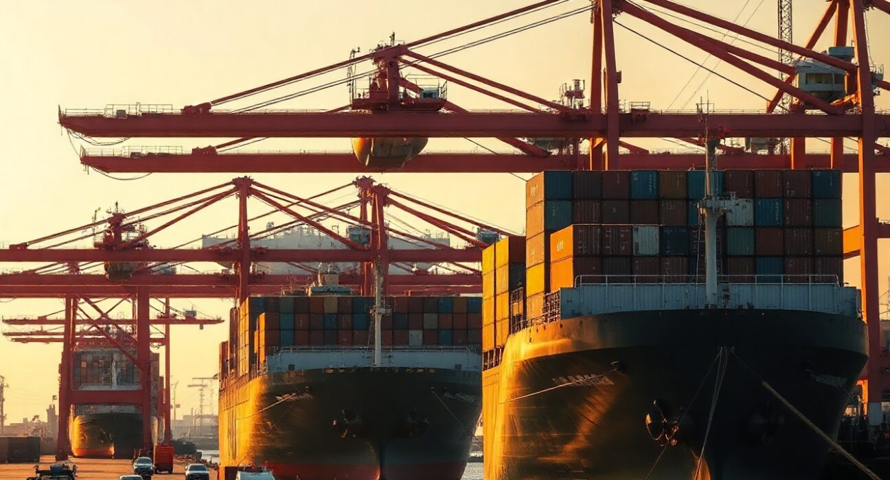 Container port in China with cranes and cargo ships, representing trade activity