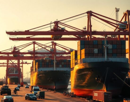 Container port in China with cranes and cargo ships, representing trade activity