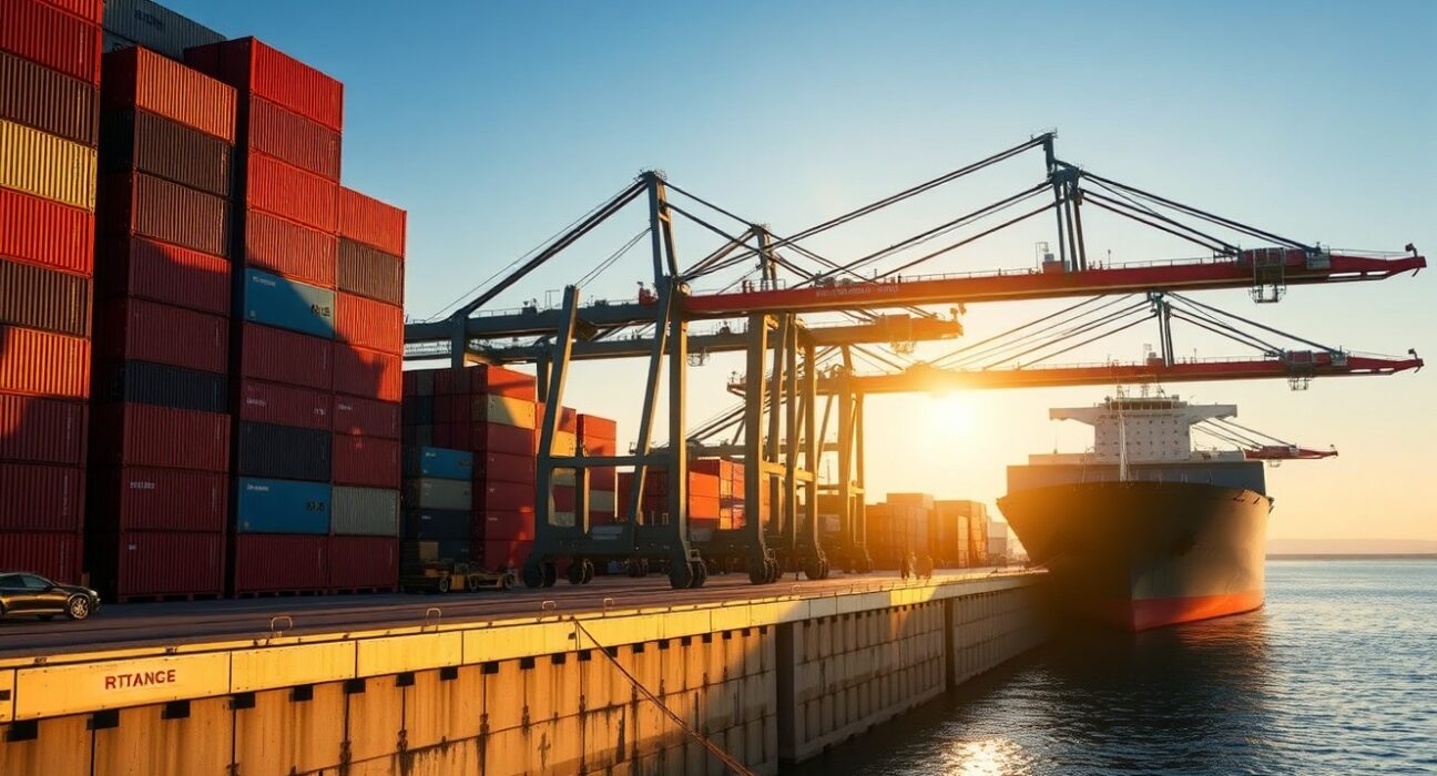 Aerial view of a busy Chinese port with cargo containers and a ship at dawn.