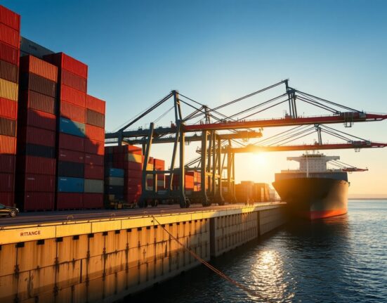 Aerial view of a busy Chinese port with cargo containers and a ship at dawn.