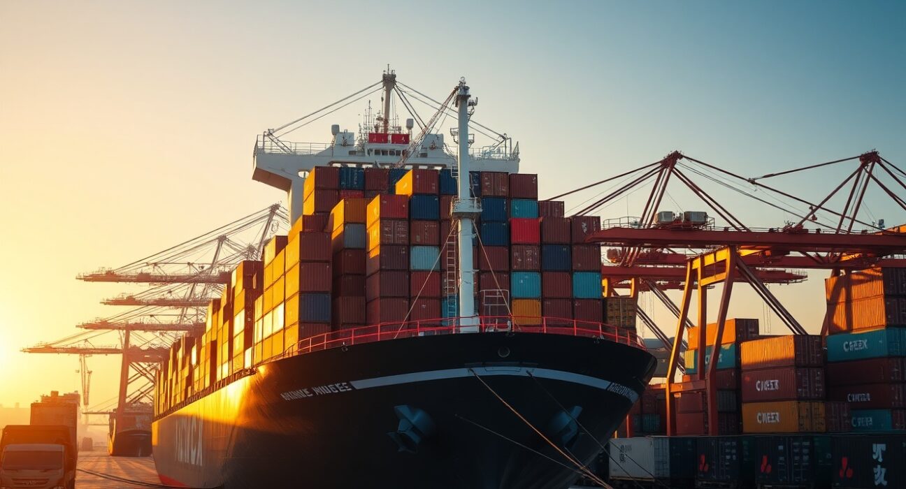 Busy Chinese container port at sunrise with cargo ships and stacked containers