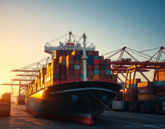 Busy Chinese container port at sunrise with cargo ships and stacked containers