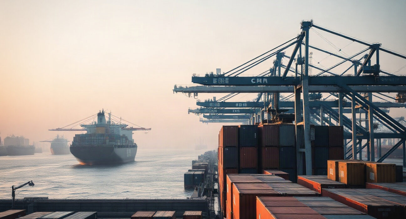 Container port in China at dawn, representing trade activity and economic analysis.