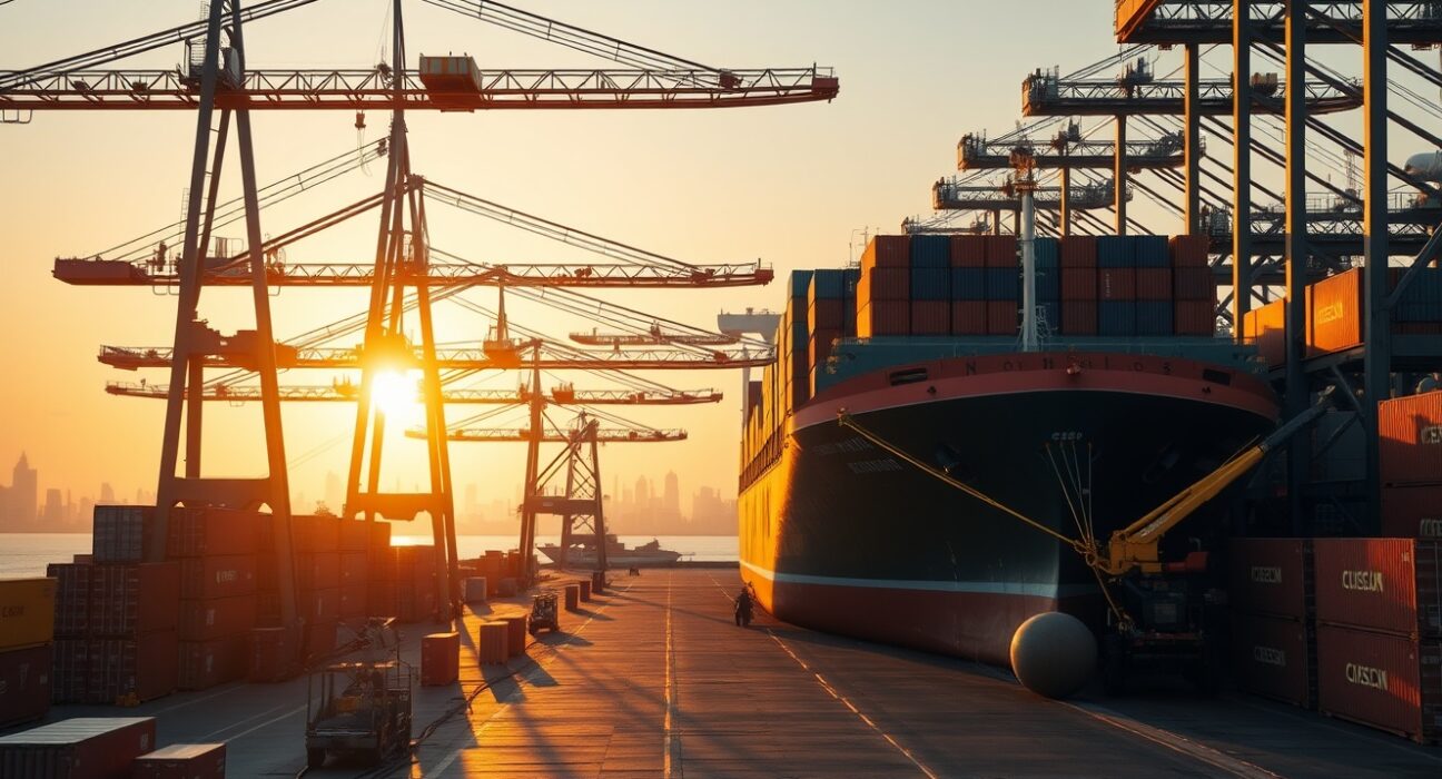 Aerial view of a busy Chinese port with cargo containers and a ship being loaded at sunrise.