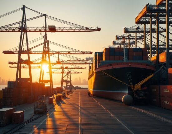 Aerial view of a busy Chinese port with cargo containers and a ship being loaded at sunrise.