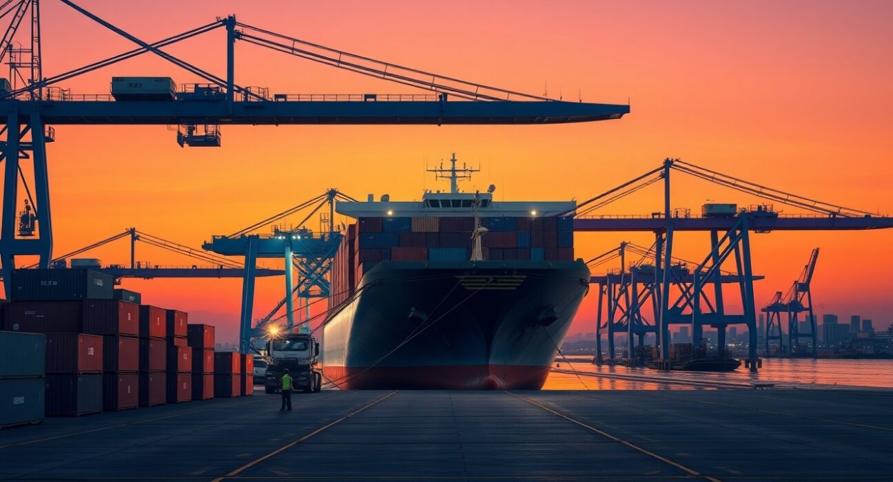 China trade surplus analysis showing port activity and economic implications