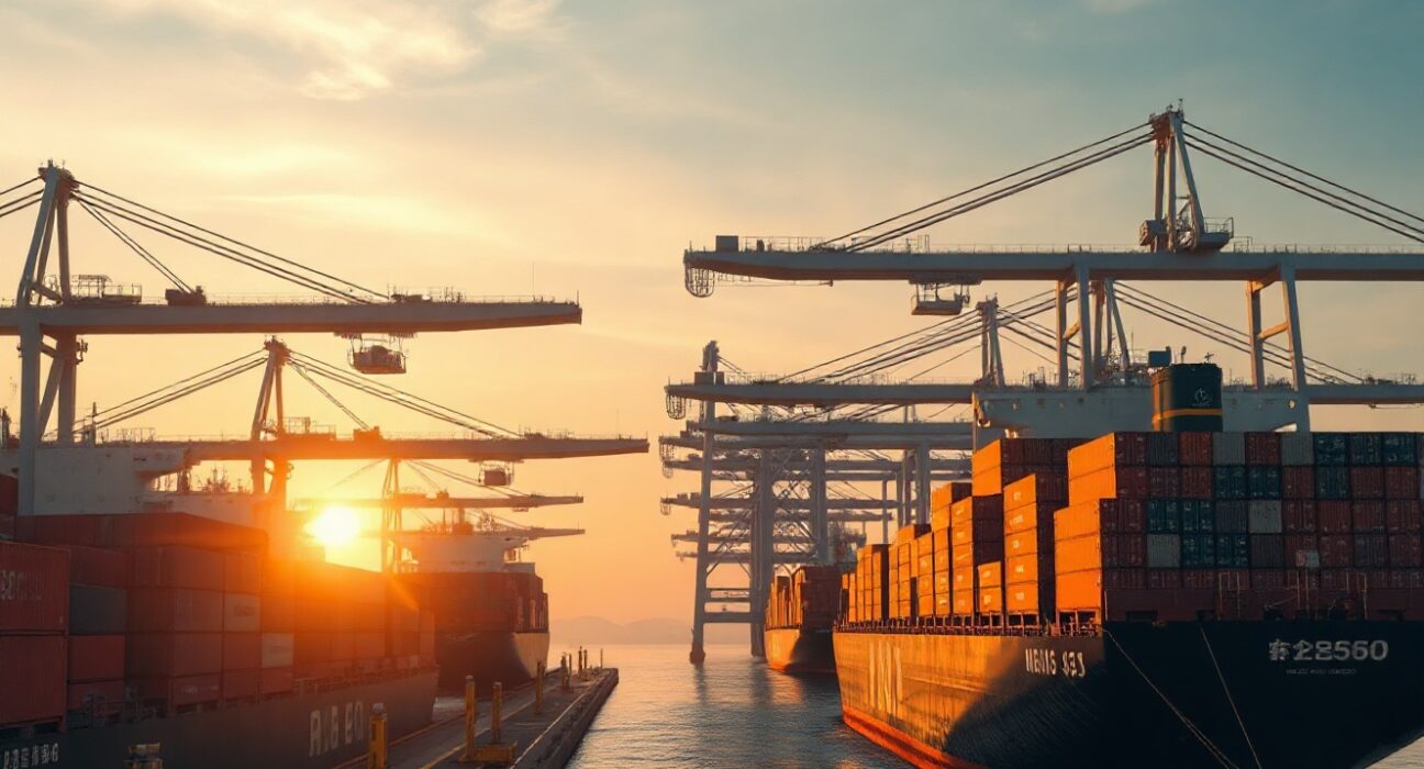 Aerial view of a busy Chinese port with container ships at dawn, symbolizing trade activity.