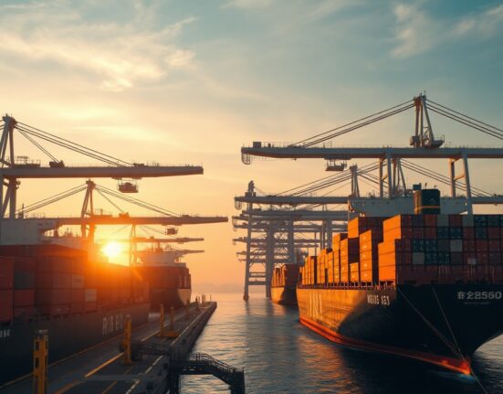 Aerial view of a busy Chinese port with container ships at dawn, symbolizing trade activity.
