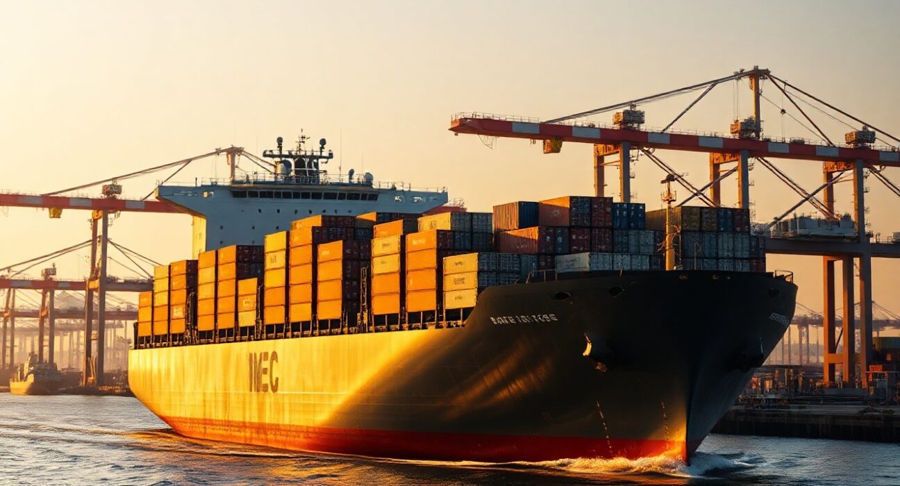 Large cargo ship at a Chinese port at sunrise, representing China's expanding trade surplus in May.
