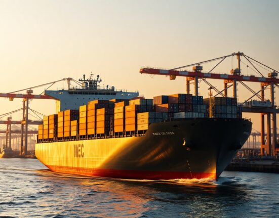 Large cargo ship at a Chinese port at sunrise, representing China's expanding trade surplus in May.