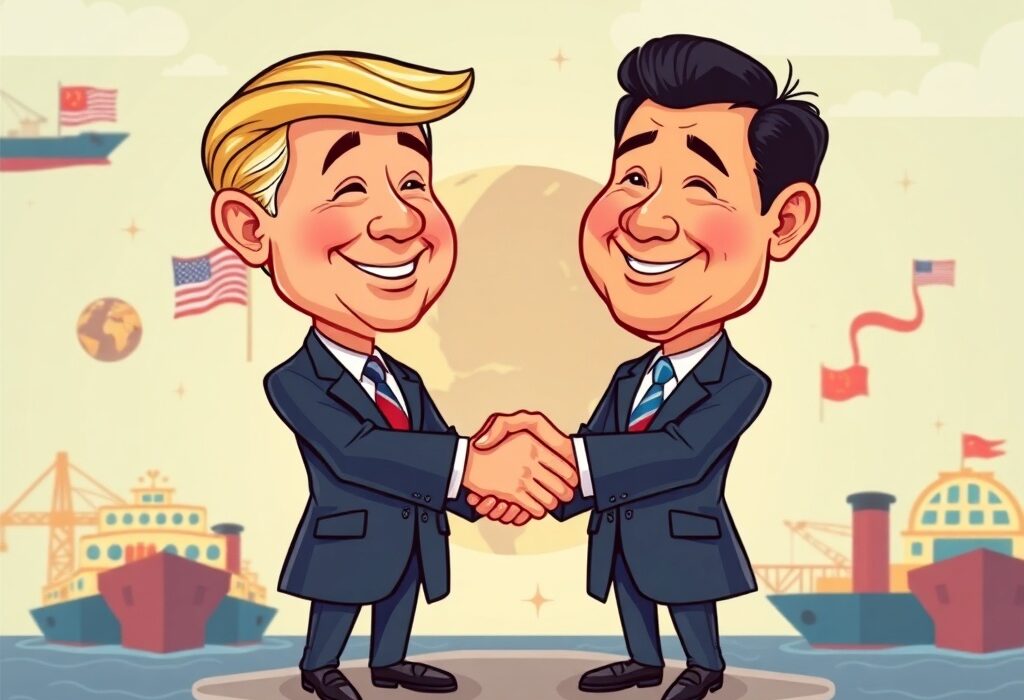 A cartoon illustration symbolizing progress in China trade talks, showing a positive diplomatic interaction.