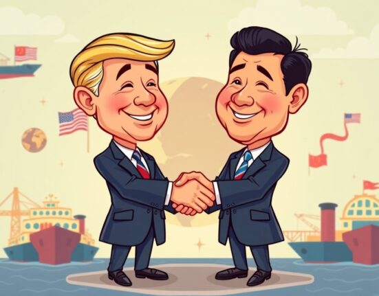 A cartoon illustration symbolizing progress in China trade talks, showing a positive diplomatic interaction.