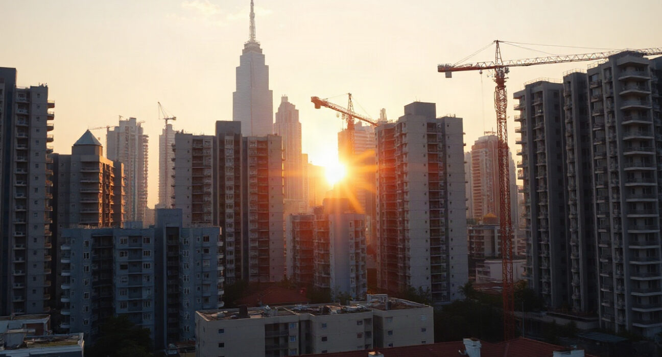 China city skyline at sunrise with construction cranes, symbolizing economic recovery and property reform.