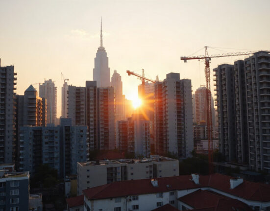 China city skyline at sunrise with construction cranes, symbolizing economic recovery and property reform.