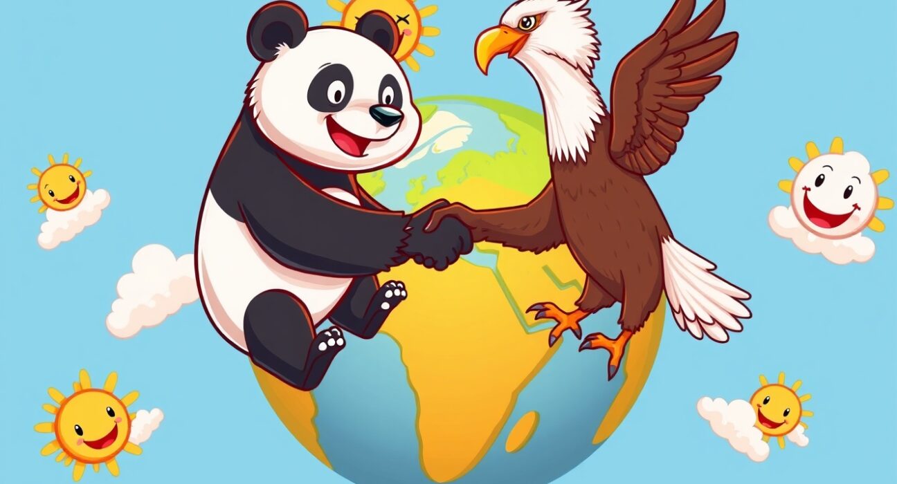 Positive momentum in China-US relations shown through cartoon diplomacy symbols