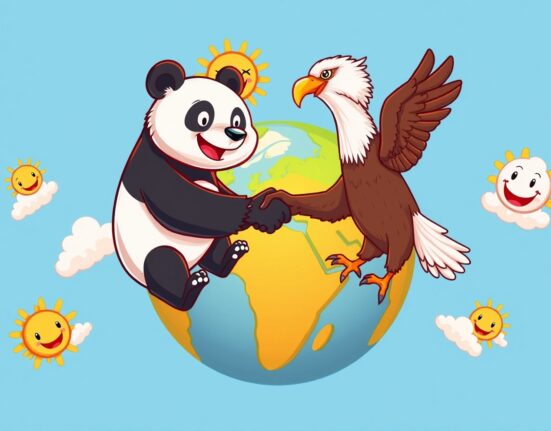 Positive momentum in China-US relations shown through cartoon diplomacy symbols