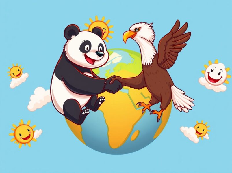 Positive momentum in China-US relations shown through cartoon diplomacy symbols