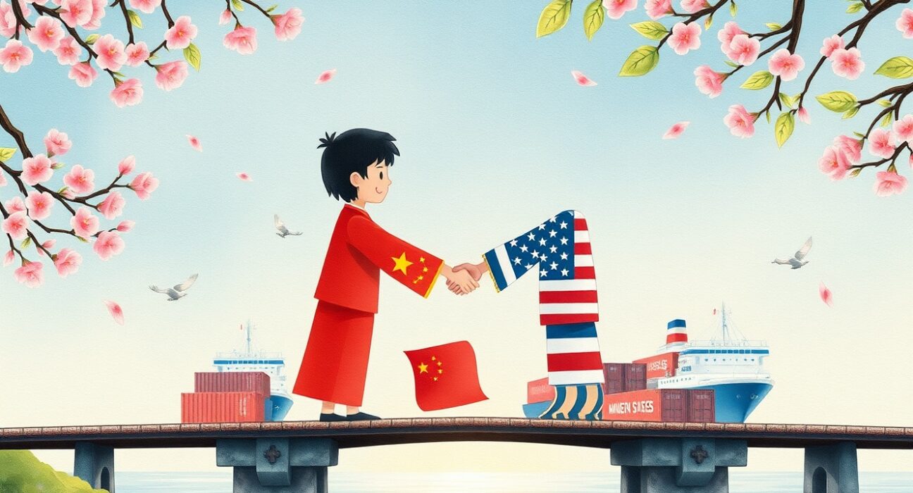Symbolic representation of China and US commerce ministry progressing on a bilateral trade agreement in 2025.