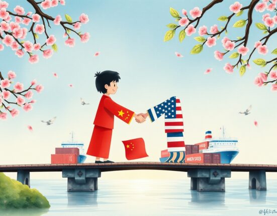 Symbolic representation of China and US commerce ministry progressing on a bilateral trade agreement in 2025.